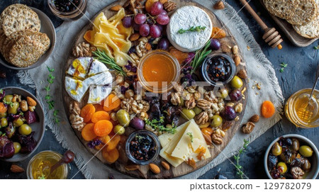 An assortment of artisan cheeses, crackers, fruits, and nuts arranged on a rustic wooden platter for a picnic or gathering 129782079
