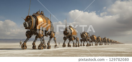 A long line of futuristic, mechanical walking vehicles crossing a desolate desert landscape under a vast sky 129782080