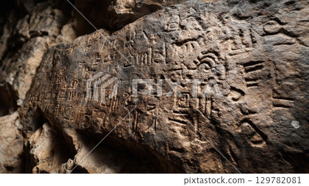 Ancient petroglyphs and inscriptions carved into a weathered stone surface, a glimpse into history and archeology 129782081