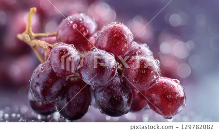 A macro shot of a bunch of fresh, vibrant red grapes covered in water droplets on a blurred purple background 129782082
