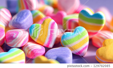 A close-up shot of colorful heart-shaped candy, perfect for valentine's day, holidays, and celebrations 129782085