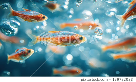 A school of small, vibrant fish swimming in a tank with bubbles, creating an underwater abstract scene 129782088