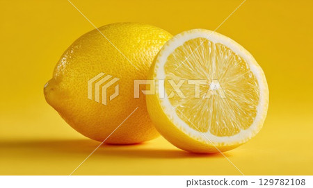 A bright, juicy yellow lemon, perfectly sliced in half, sits on a vibrant yellow background 129782108
