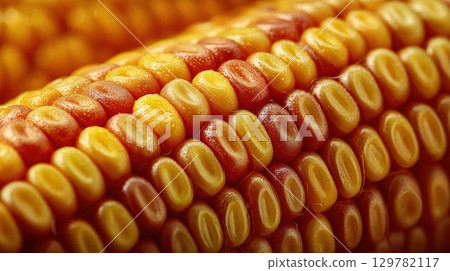 A detailed, vibrant close-up of a corn cob with kernels in warm red and yellow hues 129782117