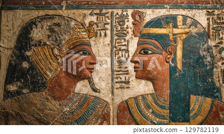 An ancient Egyptian mural depicts two pharaohs or deities in profile, with rich colors and intricate details 129782119
