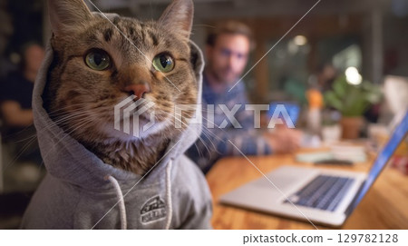 A cat in a grey hoodie sits attentively at a table with a laptop, looking like a focused remote worker 129782128