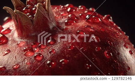 A macro shot of a fresh pomegranate covered in glistening water droplets on a dark background A macro shot of a fresh pomegranate covered in glistening water droplets on a dark background 129782146