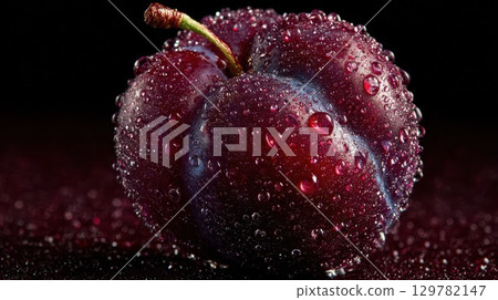A close-up of a fresh, wet plum with glistening water droplets on its deep purple skin A close-up of a fresh, wet plum with glistening water droplets on its deep purple skin 129782147