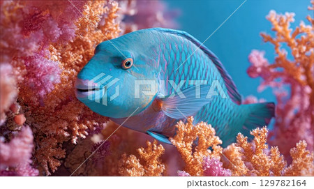 A vibrant blue parrotfish with striking details and a slight smile swims amongst vivid pink and orange coral in the beautiful, clear blue waters of a tropical reef A vibrant blue parrotfish with striking details and a slight smile swims amongst vivid pink and orange coral in the beautiful, clear blue waters of a tropical reef 129782164