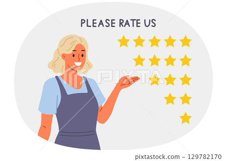 Stars for rating and feedback, near woman waitress recommending participation in quality assessment 129782170