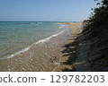 Crystal clear waters along a sandy beach with lush dunes 129782203
