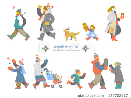享受冬天的人們－色彩繽紛、充滿樂趣的人物插圖 129782217
