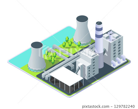 Cartoon Color Thermal Power Plant Object Industrial Energy Building Concept 3d Isometric View Isolated on a White. Vector illustration Cartoon Color Thermal Power Plant Object Industrial Energy Building Concept 3d Isometric View Isolated on a White. Vector illustration 129782240