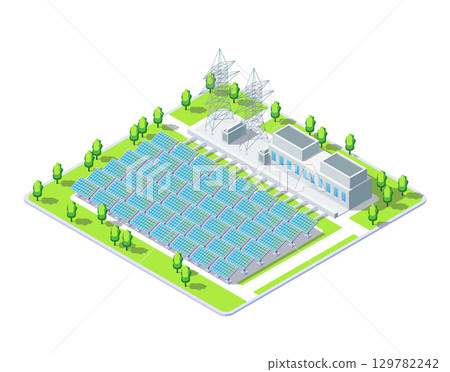 Cartoon Color Solar Panel Field Object Industrial Energy Building Concept 3d Isometric View Isolated on a White. Vector illustration 129782242