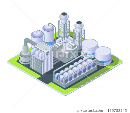 Cartoon Color Petrochemical Plant Object Industrial Energy Building Concept 3d Isometric View Isolated on a White. Vector illustration Cartoon Color Petrochemical Plant Object Industrial Energy Building Concept 3d Isometric View Isolated on a White. Vector illustration 129782245