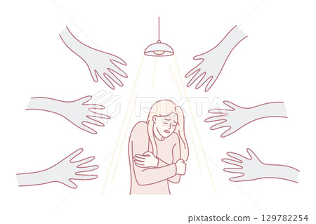 Scared woman haunted by black hands 129782254