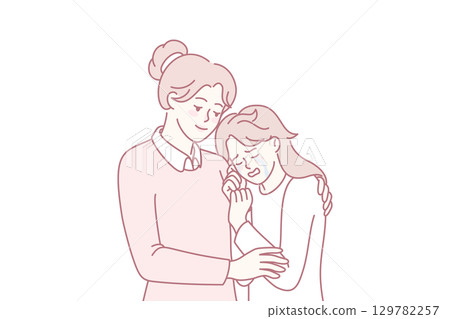 Loving mom hug comfort crying teen daughter 129782257