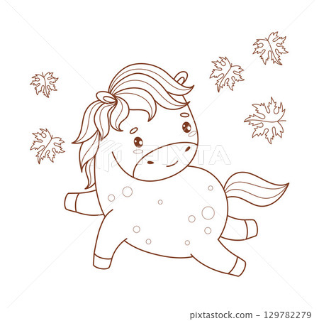 Outline Cute Playful Horse with Falling Autumn Maple Leaves. Funny Little kawaii Fall animal. Line drawing, coloring book. Vector illustration. Kids collection. Not AI Outline Cute Playful Horse with Falling Autumn Maple Leaves. Funny Little kawaii Fall animal. Line drawing, coloring book. Vector illustration. Kids collection. Not AI 129782279