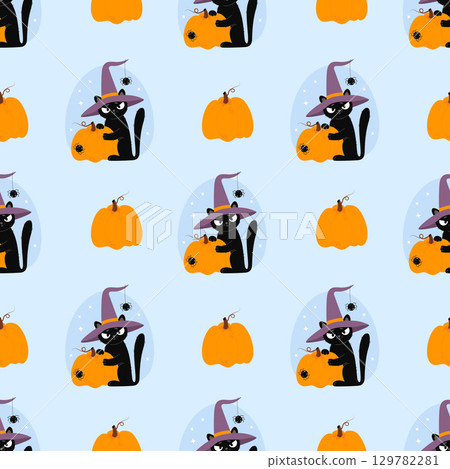 Seamless pattern. Cute Black Cat in Halloween Witch Hat With spider and Orange Pumpkin on blue background. Vector illustration for festive design, packaging, wallpaper, textile. Not AI. 129782281