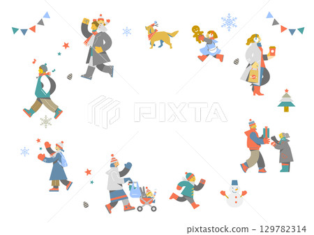 享受冬天的人們的畫面—色彩繽紛、有趣的人物插圖 享受冬天的人們的畫面—色彩繽紛、有趣的人物插圖 129782314