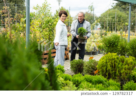 elderly man and woman buy cypress at an open market elderly man and woman buy cypress at an open market 129782317