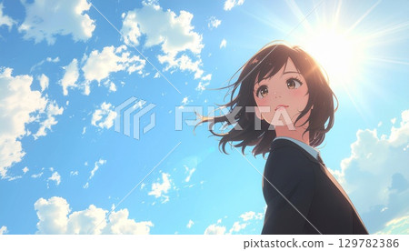 身穿西裝、表情端莊的年輕女子,背景是藍天。 AI 產生的插圖 身穿西裝、表情端莊的年輕女子,背景是藍天。 AI 產生的插圖 129782386