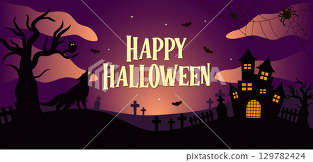 Halloween spooky landscape with a castle and werewolf. Vector illustration Halloween spooky landscape with a castle and werewolf. Vector illustration 129782424