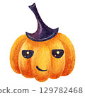 Orange pumpkin with purple top hat, watercolor hand-drawn isolated illustration. Funny Halloween kids style clip art on white background, for party decoration, sign, cards, label, poster, invitation. 129782468
