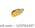 Savoury vegan yeast flakes in wooden scoop isolated on white background. 129782497