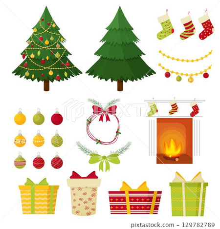 Set Christmas trees, decorations, presents, balls for pine tree, holiday socks, fireplace isolated on white background. Bright clipart, design elements for new year celebration. Set Christmas trees, decorations, presents, balls for pine tree, holiday socks, fireplace isolated on white background. Bright clipart, design elements for new year celebration. 129782789