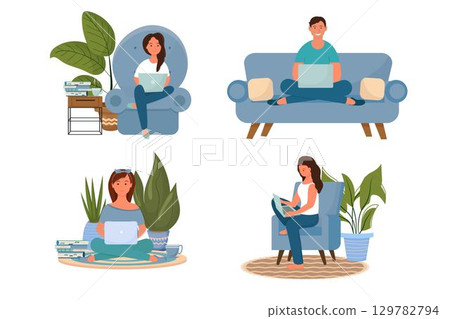 Set people working, studying at home, happy character with laptop isolated on white background. Freelance work, freedom lifestyle concept. Set people working, studying at home, happy character with laptop isolated on white background. Freelance work, freedom lifestyle concept. 129782794