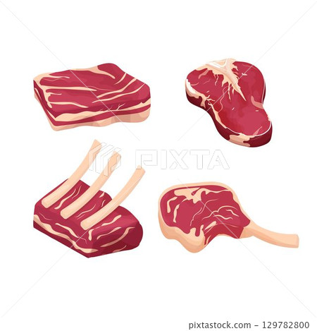 Set difference pieces, slice raw meat, steak isolated on white background. Detailed drawing with fat and rib. Objecs, clipart. Close up view. Set difference pieces, slice raw meat, steak isolated on white background. Detailed drawing with fat and rib. Objecs, clipart. Close up view. 129782800