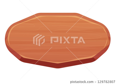 Wood sign, banner, wooden empty plank in cartoon style isolated on white background. Game assets, ui element. Textured material, frame for massage, decoration.  129782807