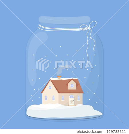 little house, home with snowflakes in glass jar 129782811