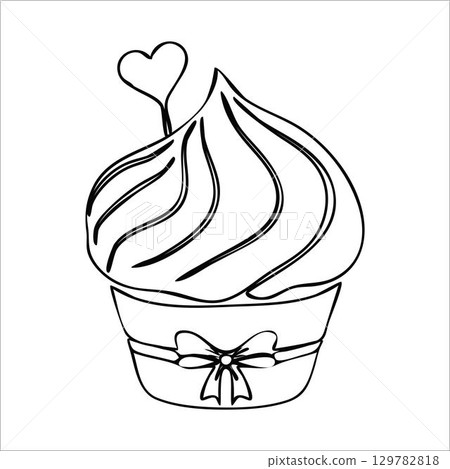 Cupcake silhouette, lineart object, advertising clipart isolated on white background. Sweet dessert, valentine celebration. Creative design. 129782818