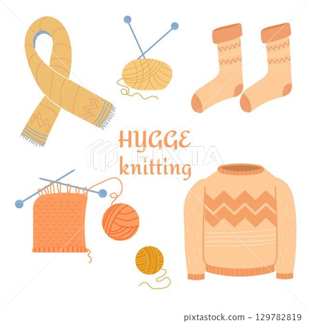 Knitted scarf, sweater, socks and text hygge knitting isolated on white background stock vector illustration 129782819