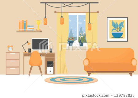 Modern interior in bright colours with workplace, computer, lamp, cozy sofa, chair, bookshelf, books stock vector illustration. Elegant room for your design. 129782823