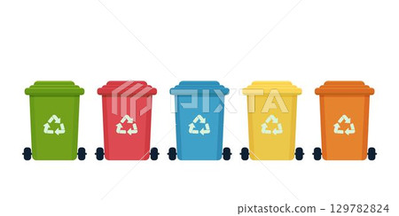 Multi colored trash cans isolated on white background. Waste bins with icons of ecological processing of products.  129782824