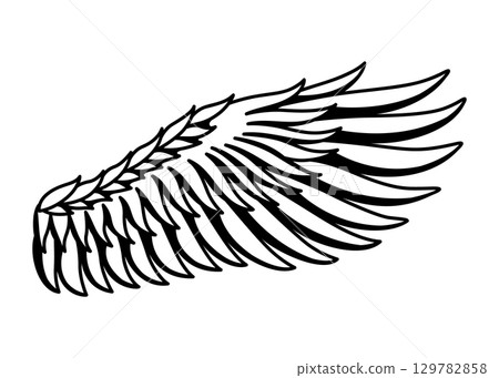 Wings sketch. Stylized birds wings. Hand drawn contoured stiker wing in open position. Vector design elements in coloring style 129782858