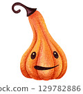 Funny red-orange pumpkin with hat, watercolor drawing illustration. Happy Halloween kids clip art on white background Ideal for party decoration, greetings, postcards, labels, invitation, design. 129782886