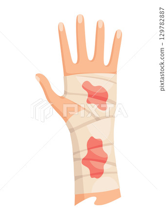 Hands injured skin and procedures of bandaging. First aid for wound. Medicine cure or treatment. First emergency help for human hand trauma 129782887