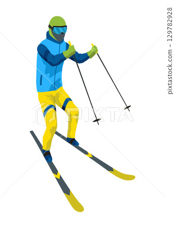 Skier, icon. Sportsman doing sport activity. People riding skis. Cartoon winter sport character, travel activity. Concept of vacation. Vector illustration isolated on white background 129782928