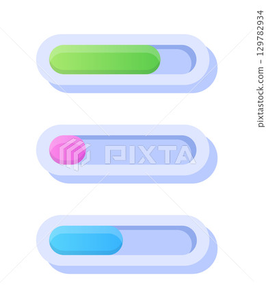 Game UI button. Mobile application or game interface element. Cartoon colorful design. Sticker or label for user interface Game UI button. Mobile application or game interface element. Cartoon colorful design. Sticker or label for user interface 129782934