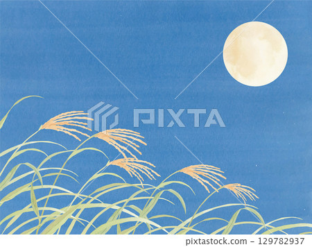 Watercolor background illustration of a full moon and silver grass 2 Watercolor background illustration of a full moon and silver grass 2 129782937
