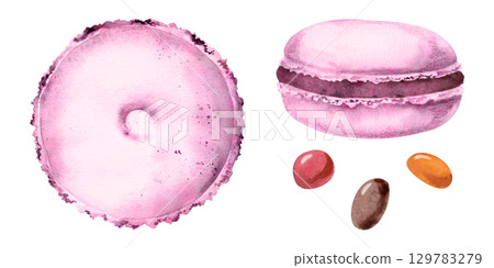 Whoopie moon pies, macarons with scattered sugar candy dragee bonbons in watercolor, puffy cream filling. Isolated hand drawn dessert illustration. Culinary infographics, party decor, recipe cards. Whoopie moon pies, macarons with scattered sugar candy dragee bonbons in watercolor, puffy cream filling. Isolated hand drawn dessert illustration. Culinary infographics, party decor, recipe cards. 129783279