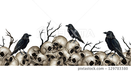 Pile of skulls, dry branches, black raven seamless border. Watercolor illustration isolated from background. For Halloween decoration, Gothic style for textile, packaging on Day of the Dead design 129783380