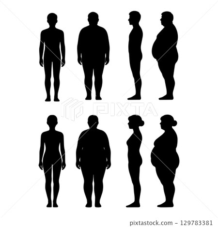 Comparison silhouette of normal body type and obese body type (men and women / front and side) Comparison silhouette of normal body type and obese body type (men and women / front and side) 129783381