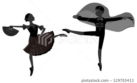Illustration of a dancer's silhouette_Image of a ballet dancer dancing the bullfighter and dancer from the ballet "Don Quixote" Illustration of a dancer's silhouette_Image of a ballet dancer dancing the bullfighter and dancer from the ballet "Don Quixote" 129783413