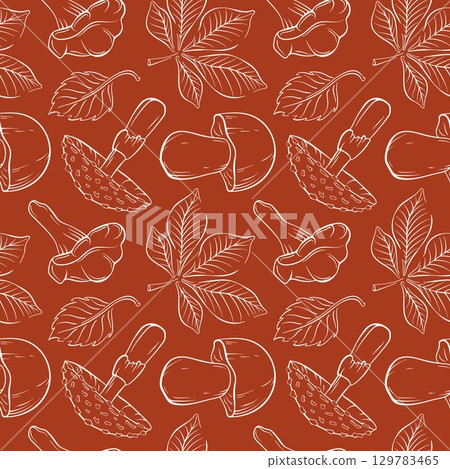 Seamless pattern of line art style mushroom fly agaric, Boletus, Chanterelle and chestnut, Birch leaf on a red background. Simple forest botanical design for seasonal fabric and decoration. Seamless pattern of line art style mushroom fly agaric, Boletus, Chanterelle and chestnut, Birch leaf on a red background. Simple forest botanical design for seasonal fabric and decoration. 129783465
