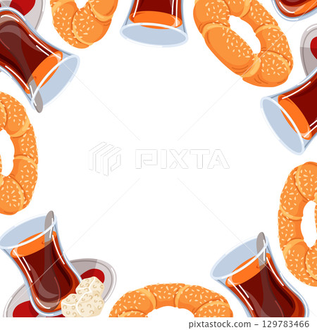 Traditional Turkish tea in curved glasses with sesame simit bread arranged in a decorative border on white background. Perfect for food design menu, templates packaging and culinary decoration. 129783466